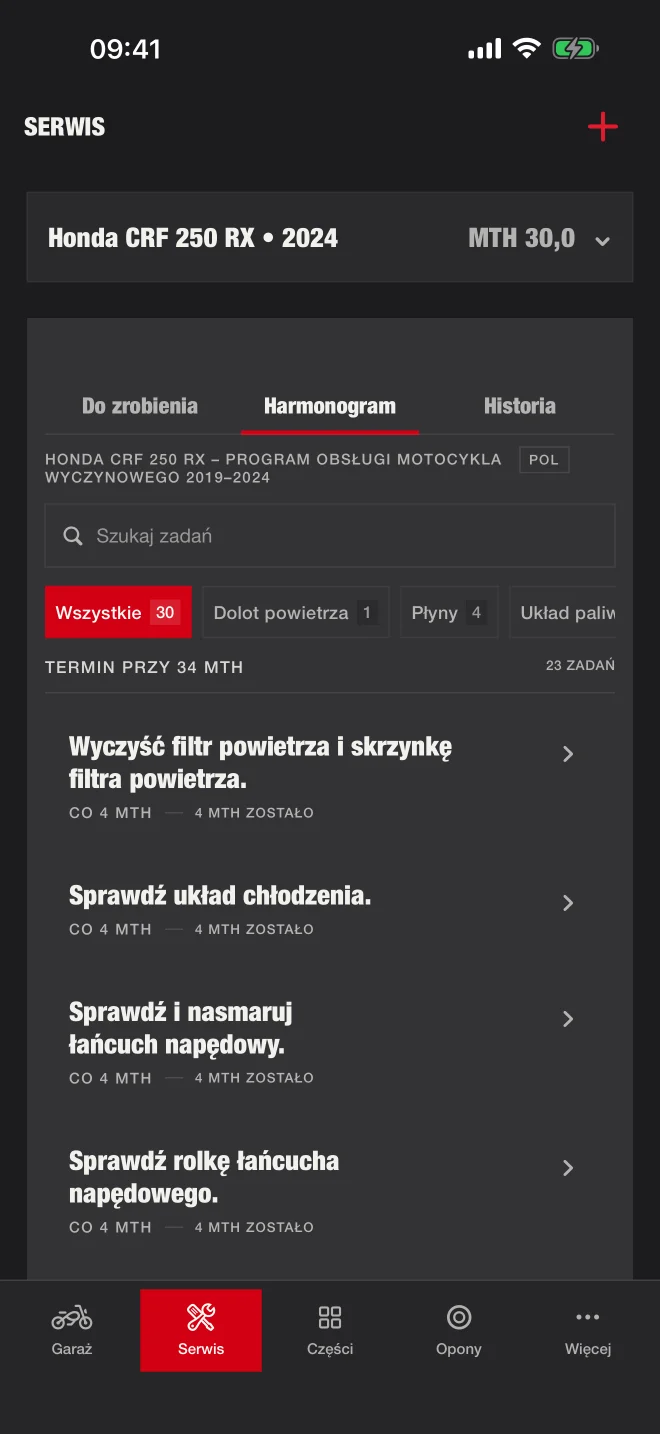 Harmonogram z czynnościami serwisowymi motocykla
