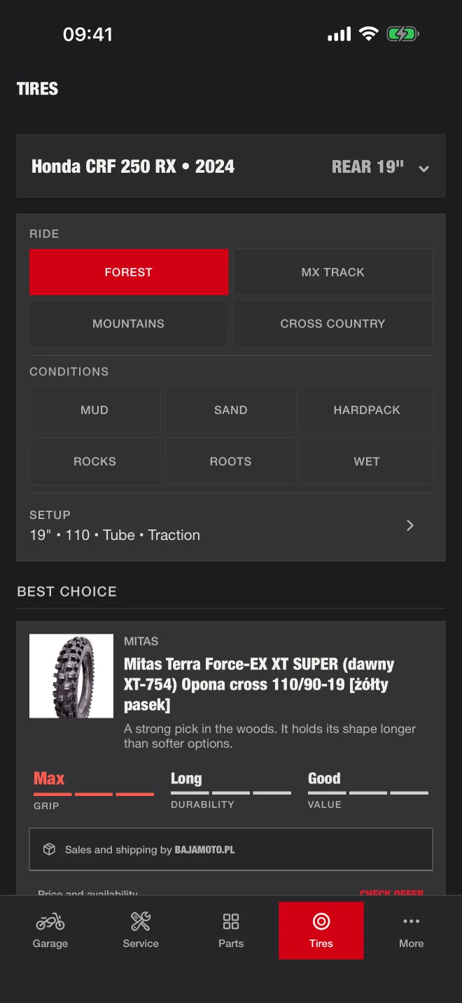 RUTT tire finder terrain and riding conditions