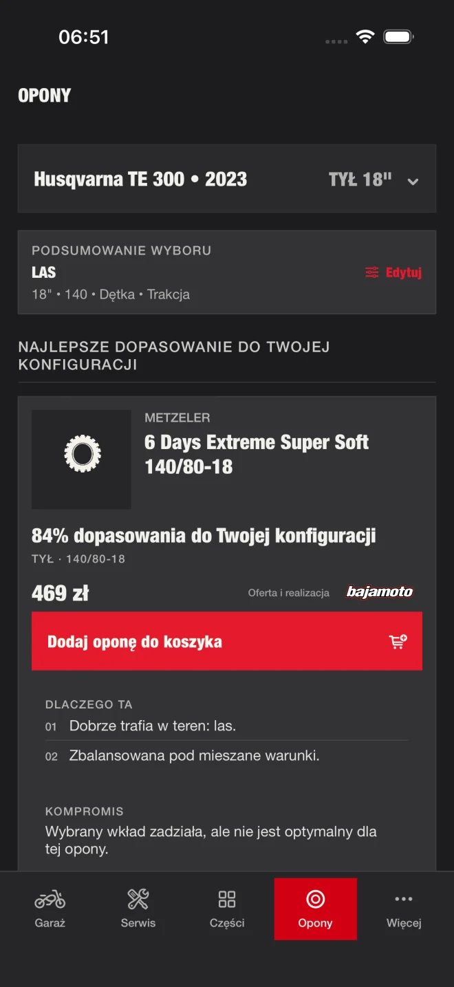 Przykładowy wynik doboru opon dla jazdy w lesie