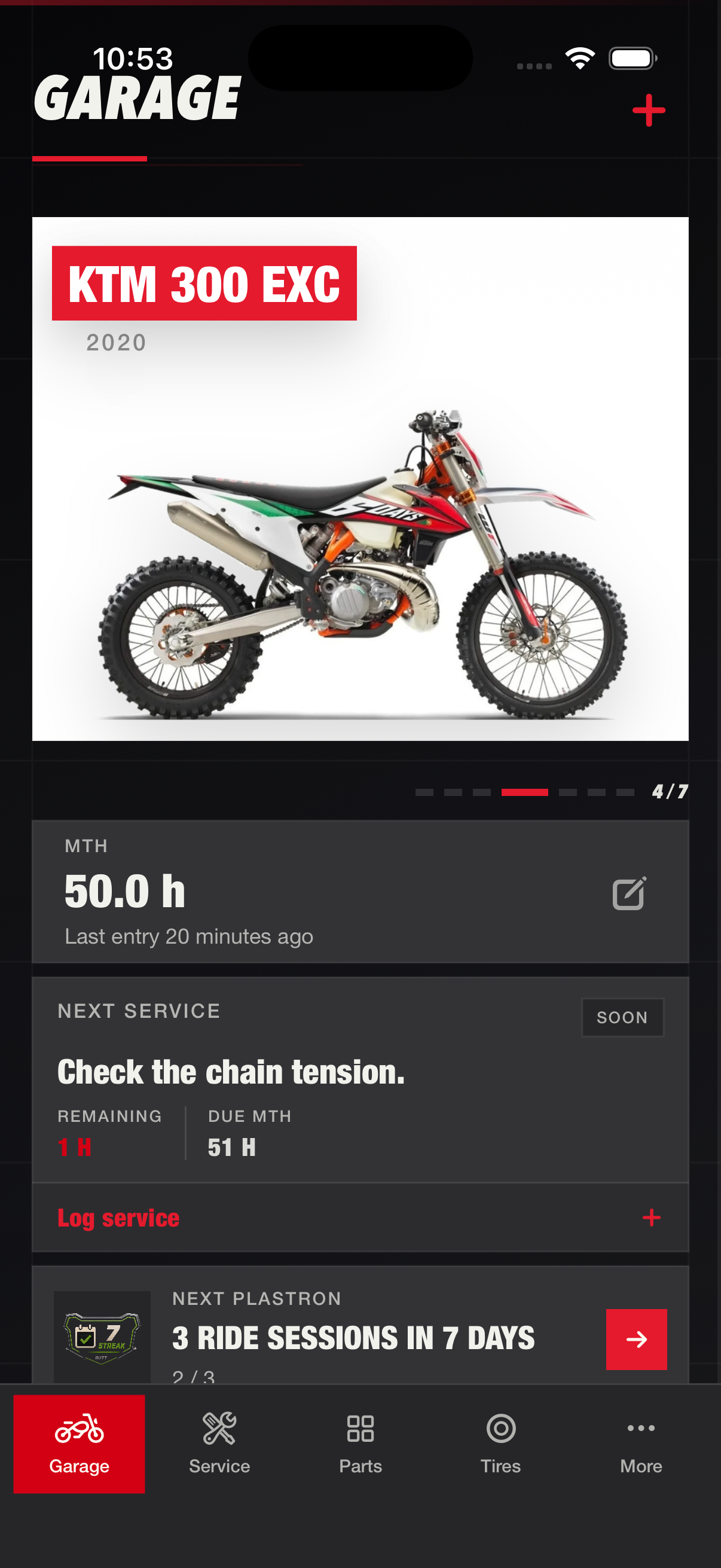 RUTT Garage screen with motorcycle hours and service panels