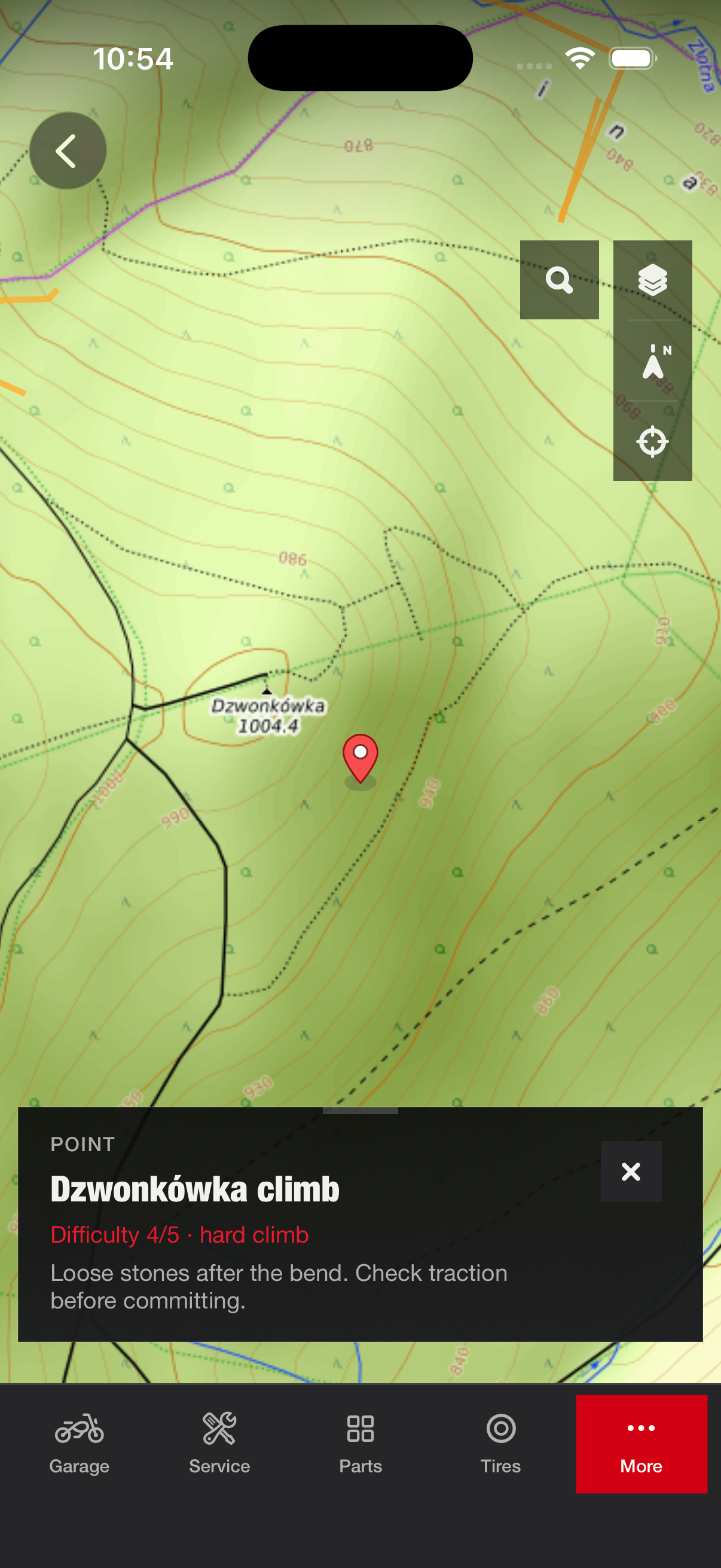 Map screen with terrain map and Dzwonkowka climb detail panel