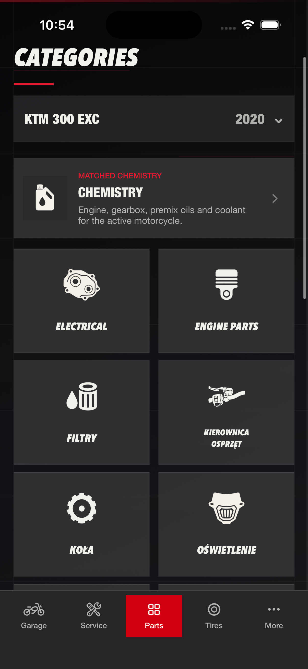 Parts screen with categories for the active motorcycle