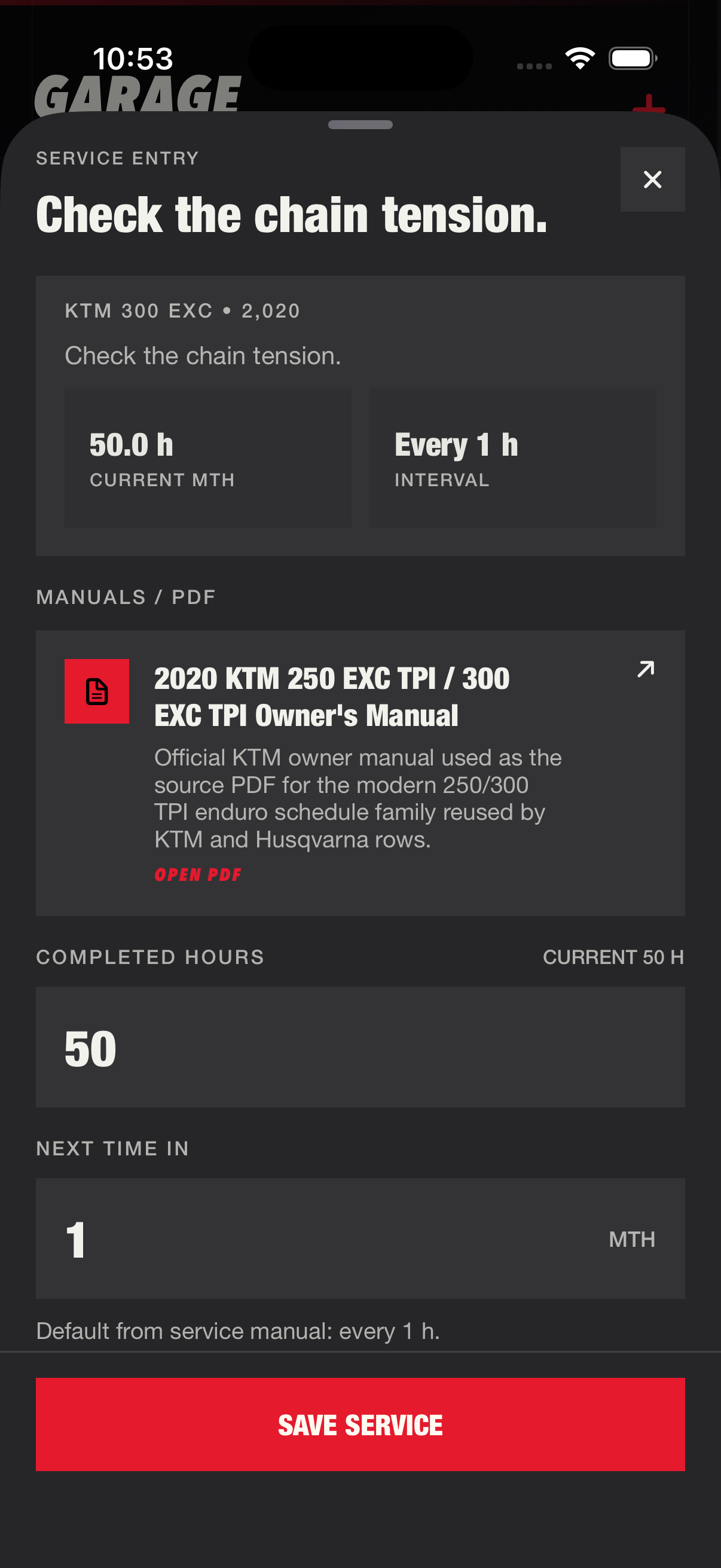 Service log screen with chain tension instruction steps