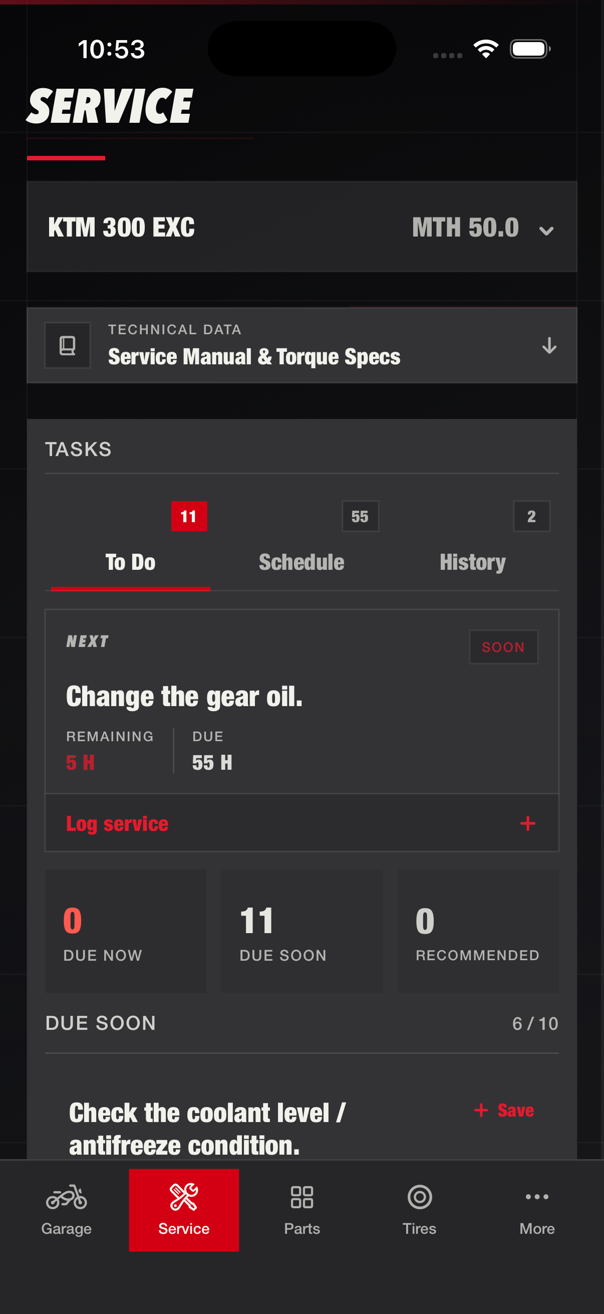 RUTT Service screen with a motorcycle maintenance task queue