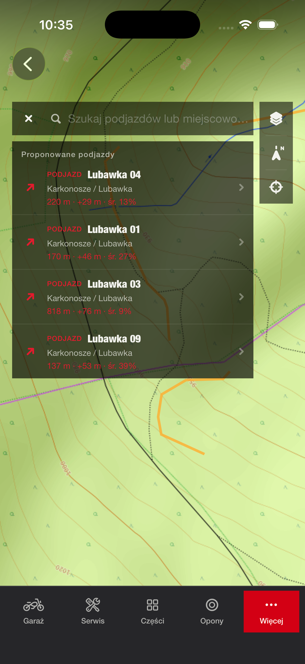 Ekran wyszukiwania podjazdów na mapie terenowej