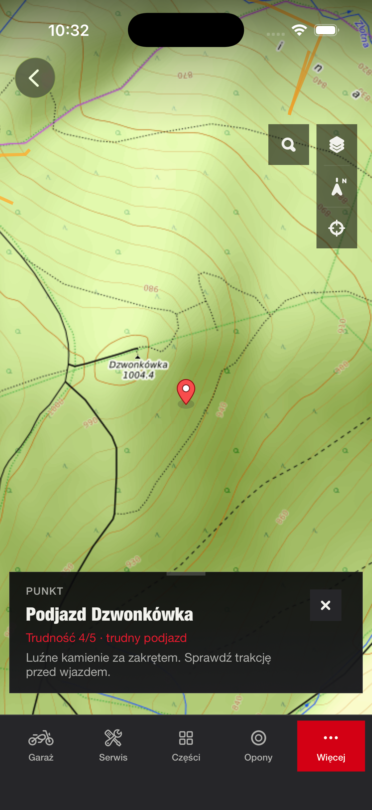 Ekran Map z mapą terenową i belką opisu podjazdu Dzwonkówka
