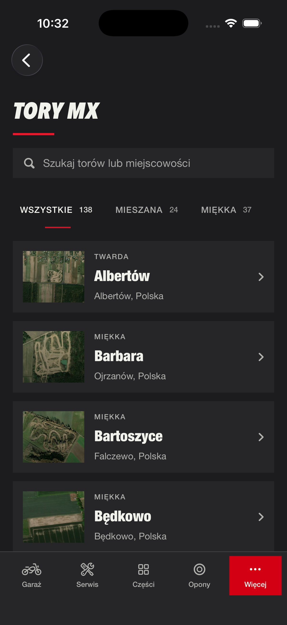 Ekran MX Tracks z listą torów motocrossowych