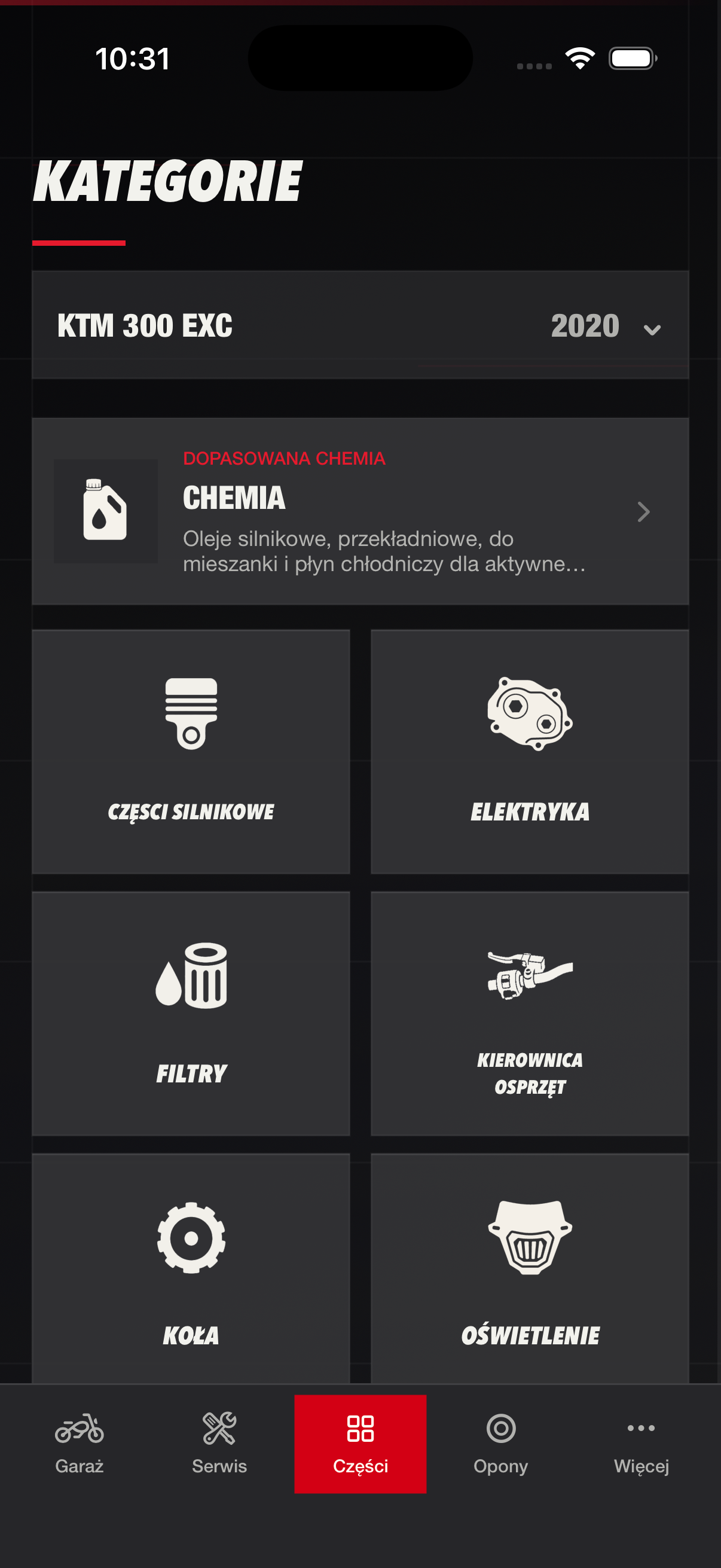 Ekran Parts z kategoriami części do aktywnego motocykla