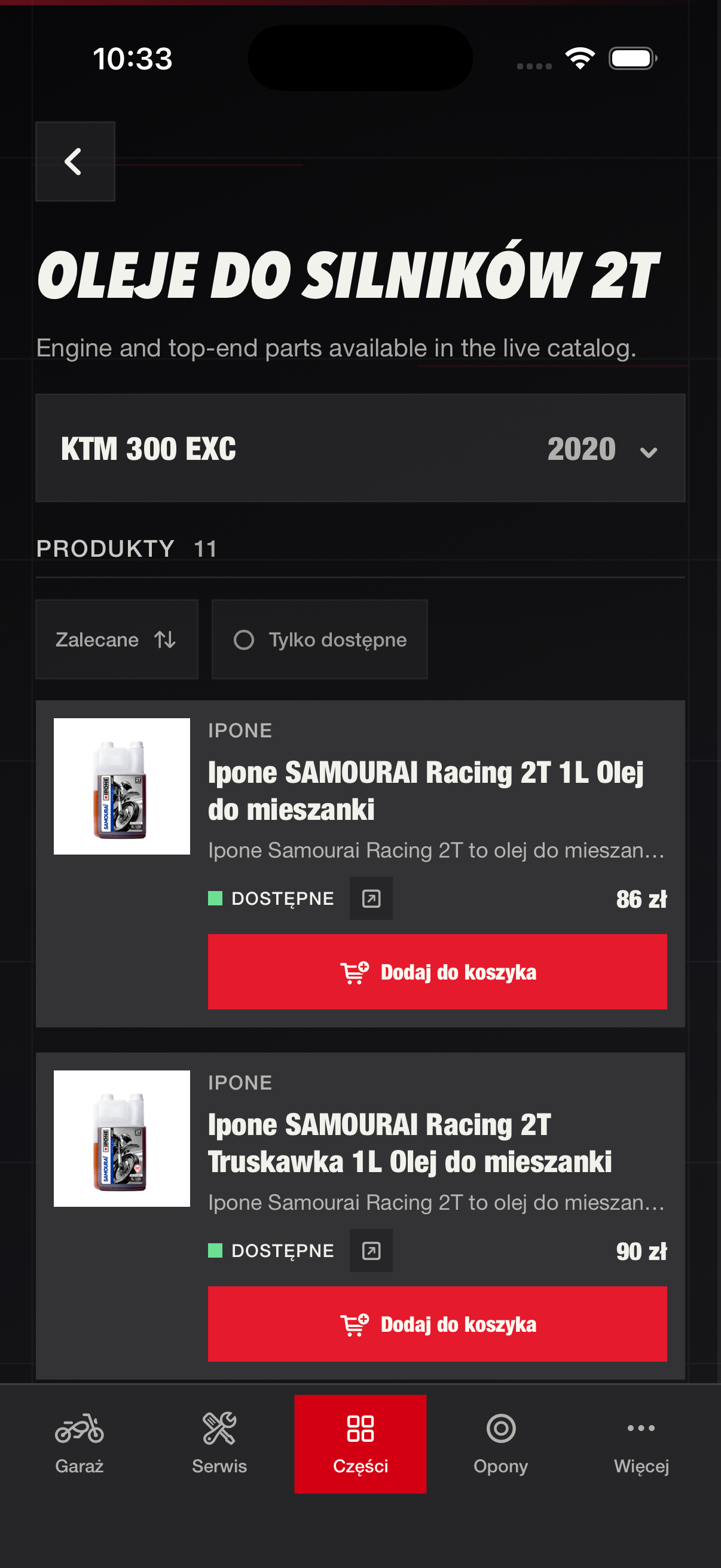 Ekran listy produktów z olejami do silników 2T