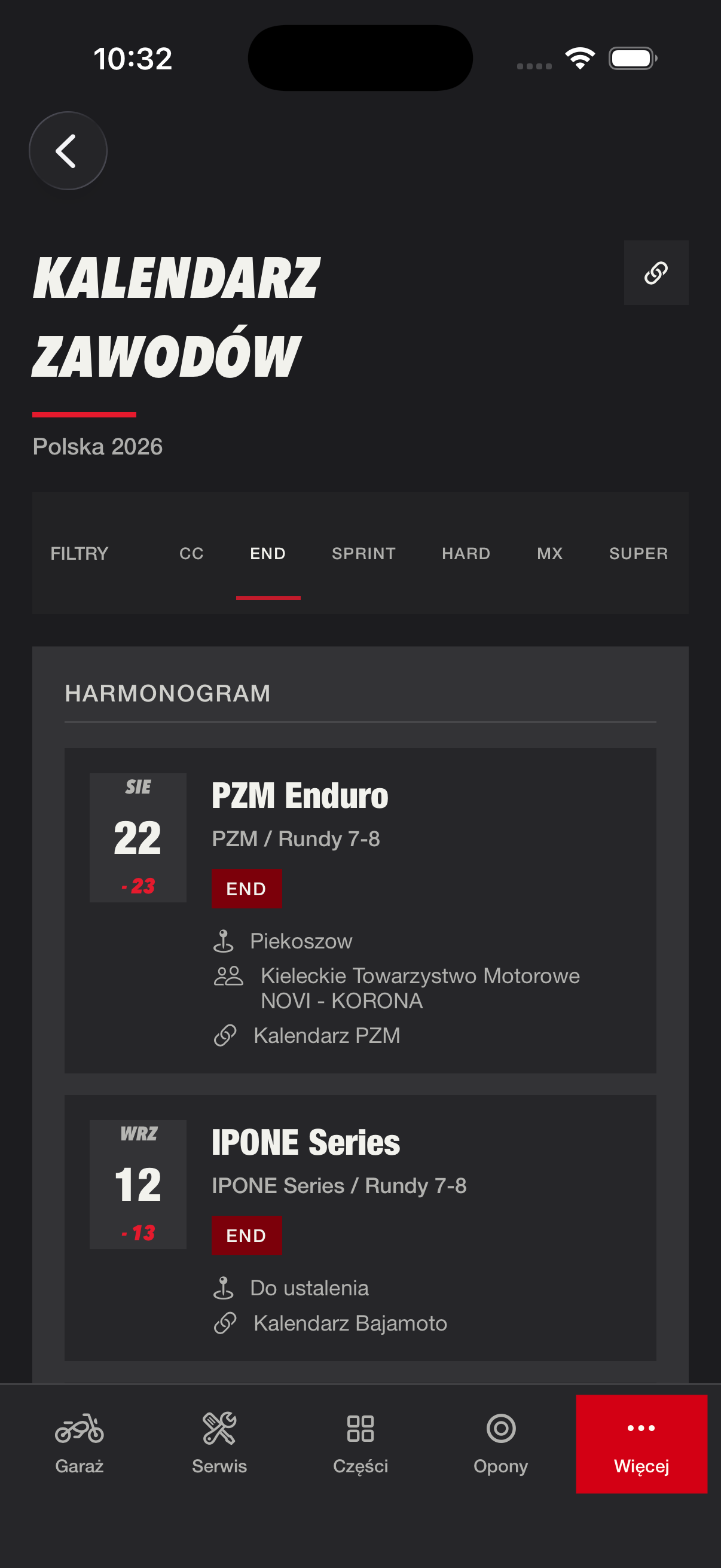 Ekran Kalendarz zawodów z filtrem i harmonogramem