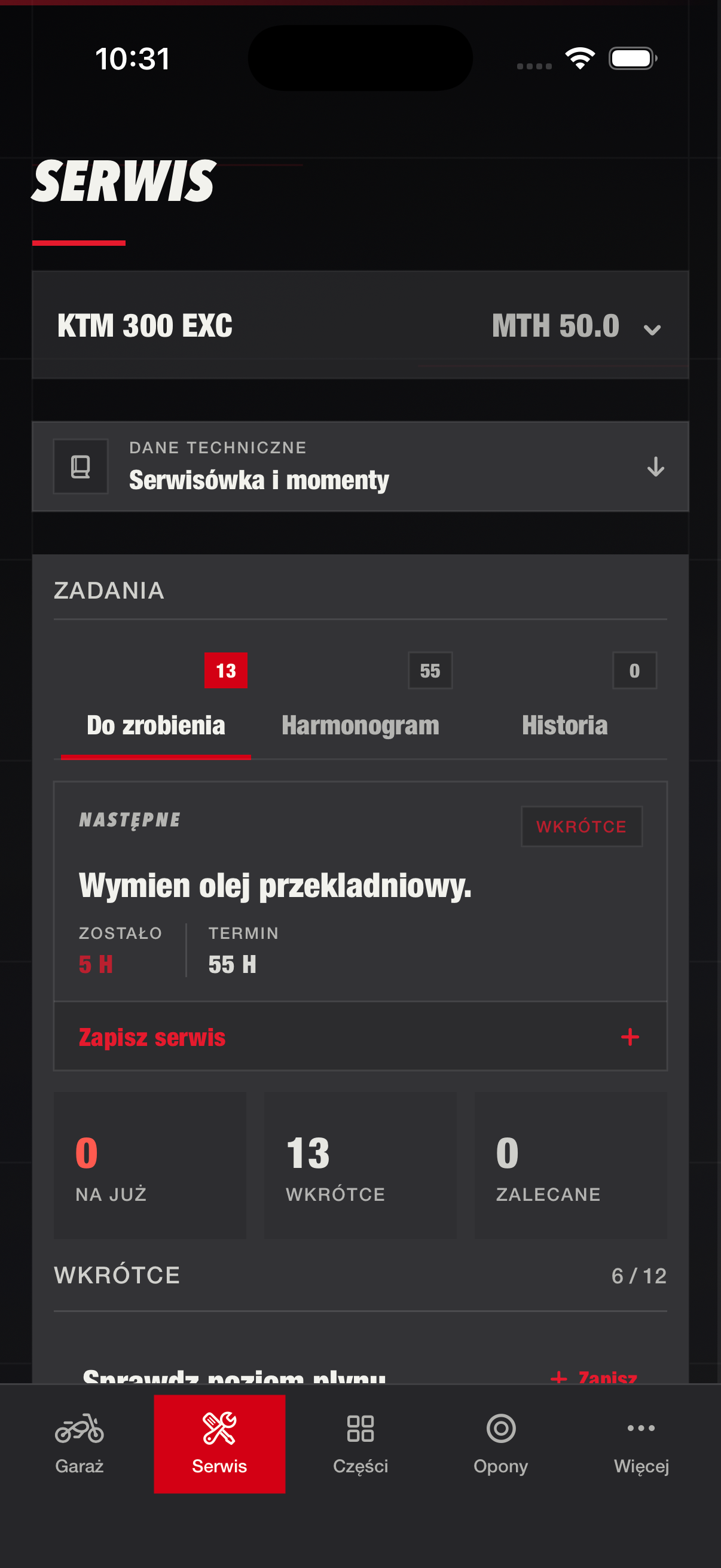 Ekran Service z harmonogramem czynności obsługowych