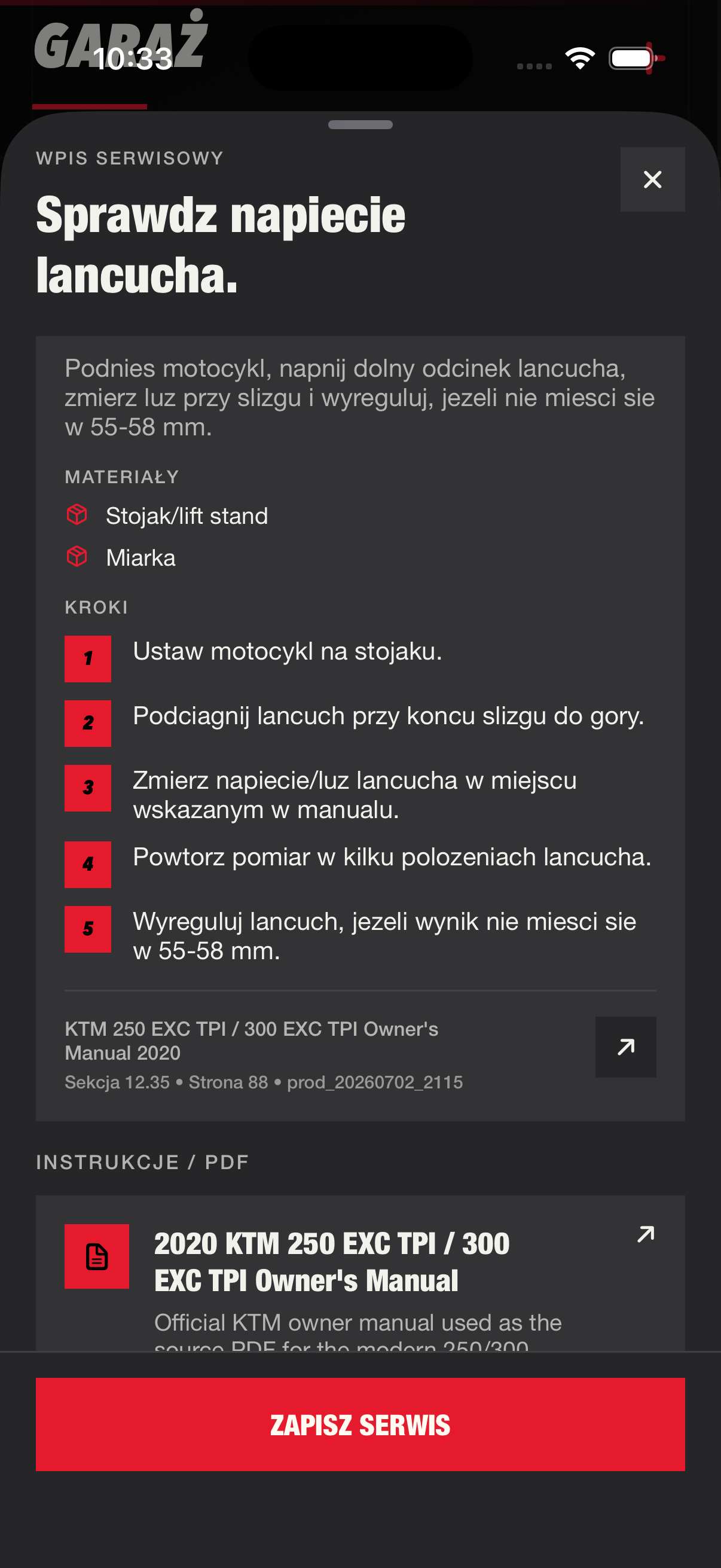 Ekran wpisu serwisowego z instrukcją sprawdzenia napięcia łańcucha