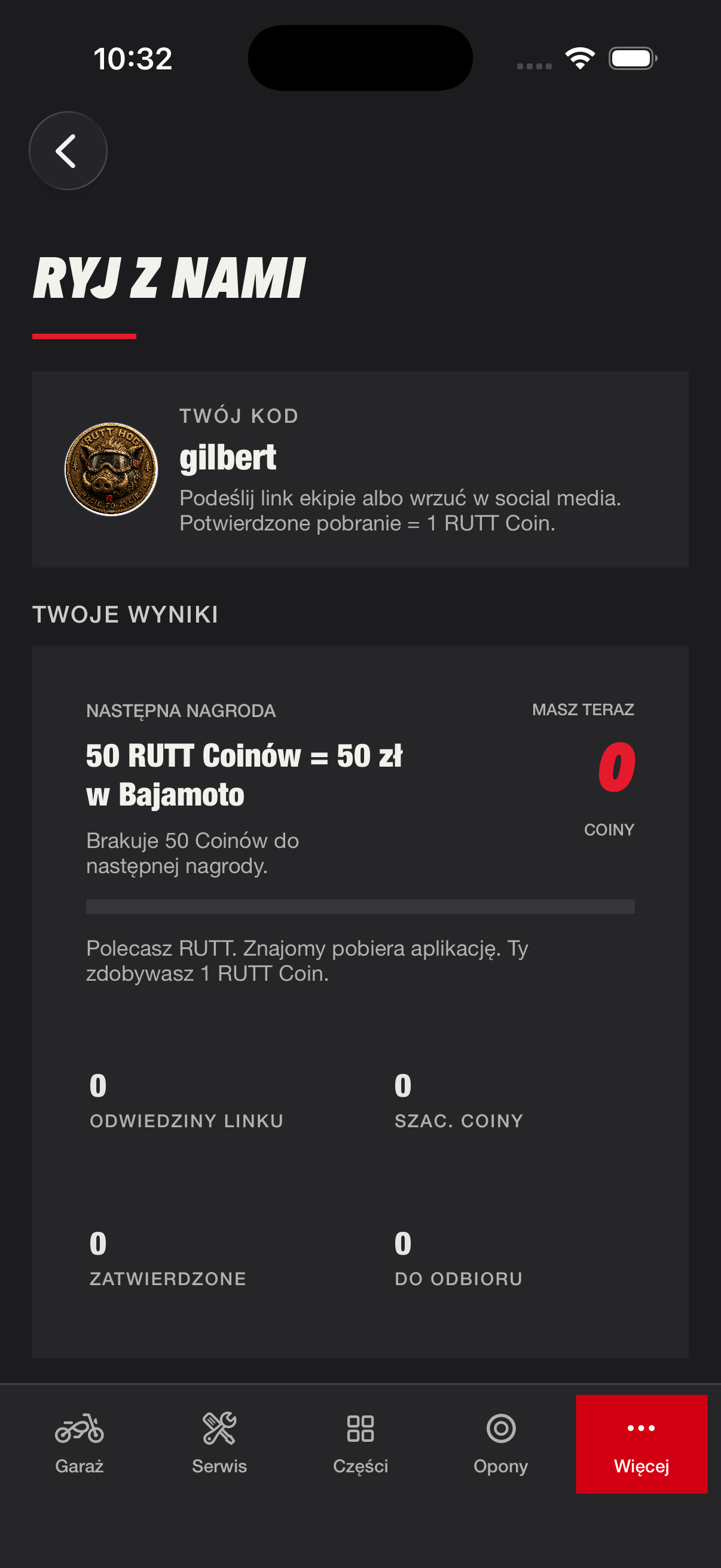 Ekran RYJ Z NAMI z kodem polecenia i postępem RUTT Coinów