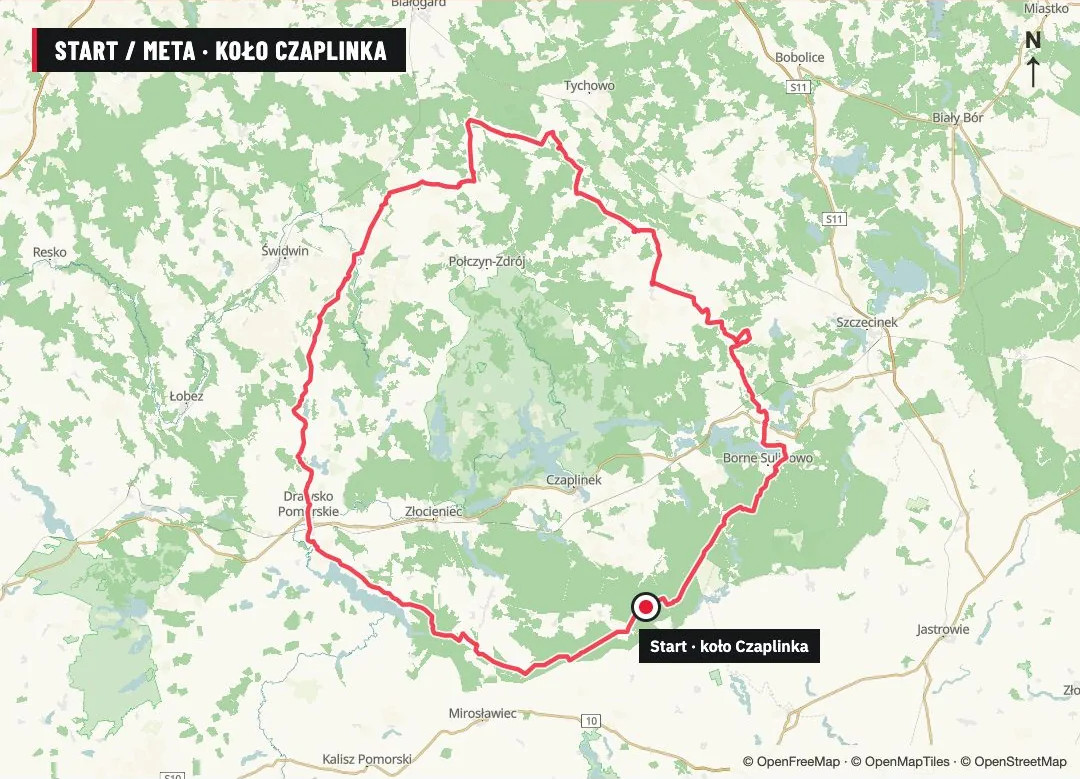 Mapa trasy GPX adventure: Pojezierze Drawskie · Czaplinek–Złocieniec, 198,5 km, start i meta